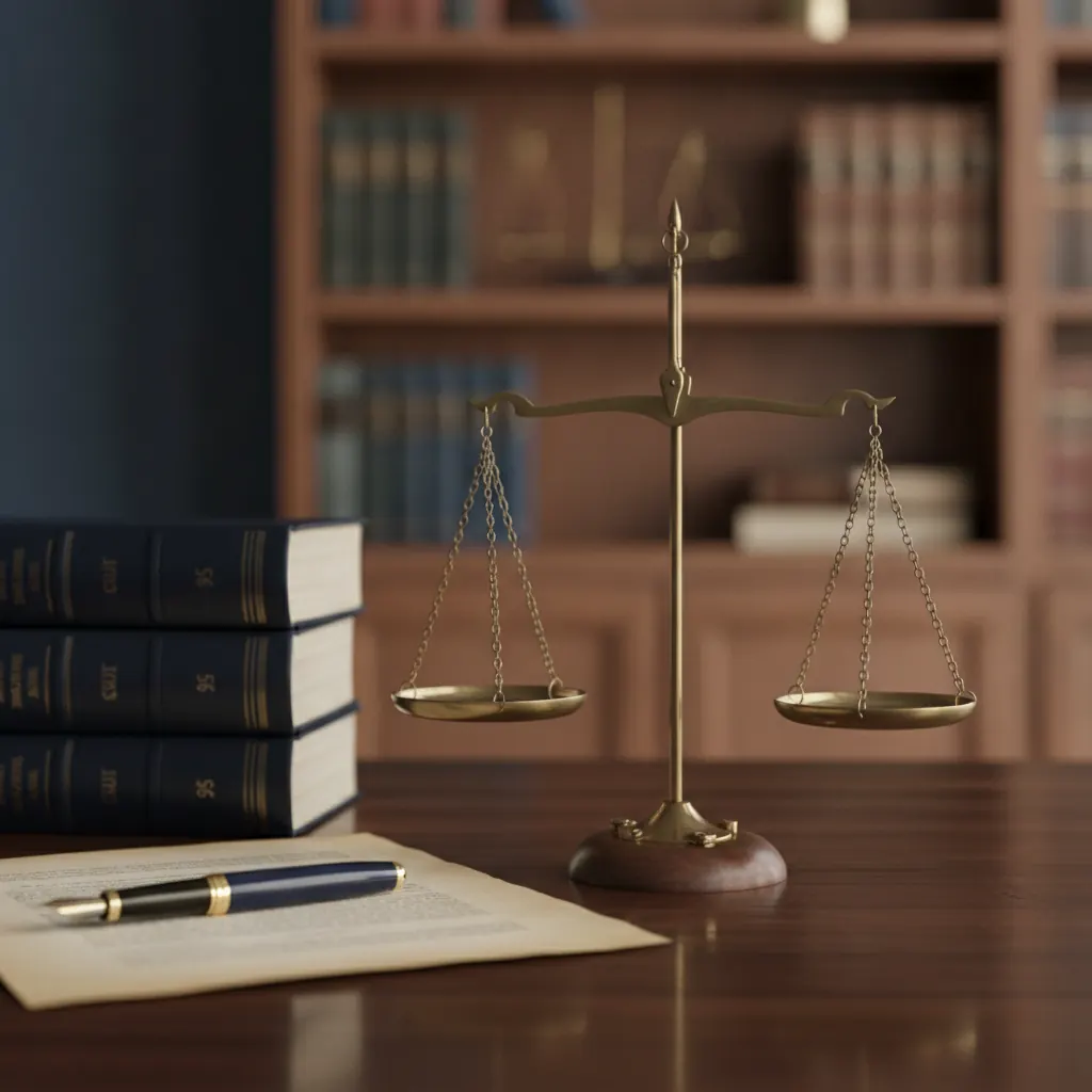 Balanza de la justicia sobre un escritorio junto a libros de derecho