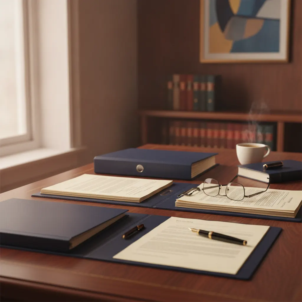 Escritorio de estudio jurídico con carpetas y lapicera